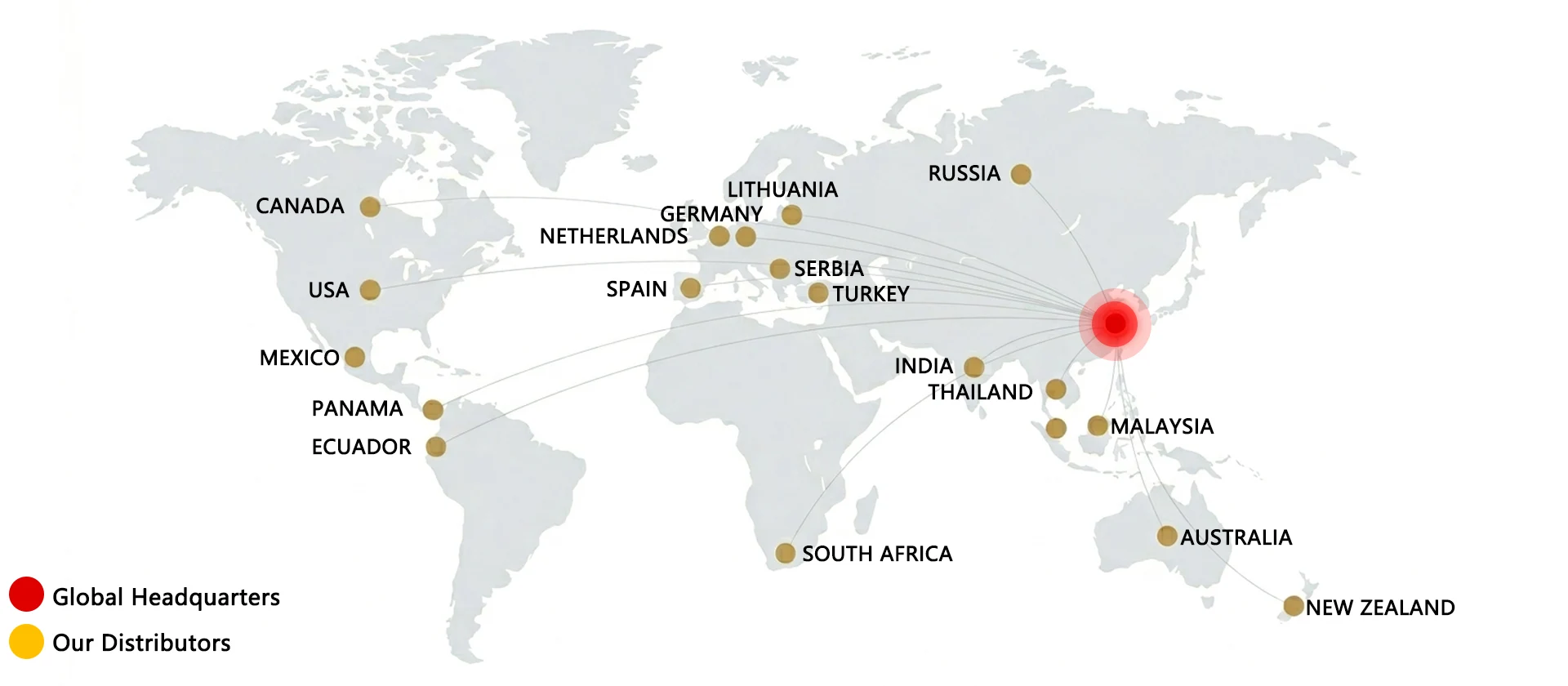 Global distributor network map of NJJS Vending — covering Europe, Americas, Middle East, and Southeast Asia with local partners worldwide.